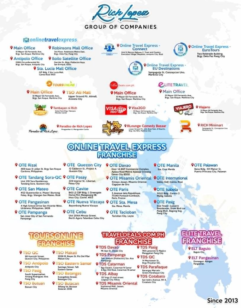 Map of Rich Lopez Group of Companies and their Online Travel Express franchises in the Philippines.