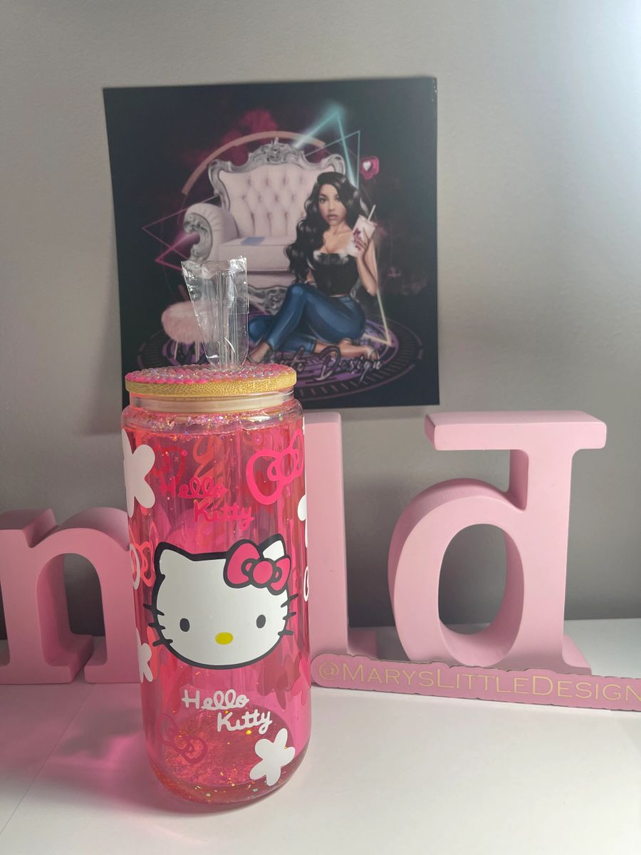 Hello Kitty Glass Cup 16oz Comes With Bamboo Lid & straw