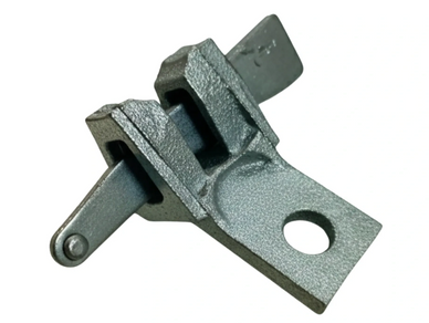 Metal mechanical hinge or latch component with a mounting hole.