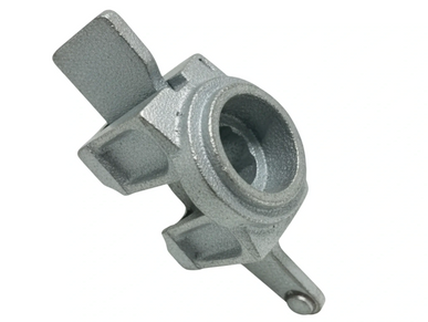 Metal mechanical part with a circular opening and protruding arms.