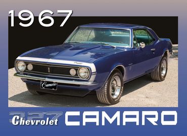 1967 Chevrolet Camaro in blue with bold front grille and classic muscle car design.