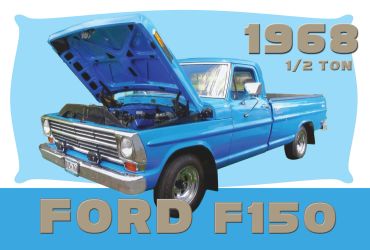 1968 Ford F150 1/2 ton pickup truck with hood open.