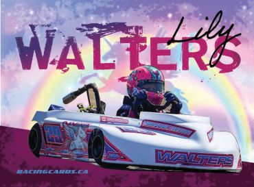 Young racer in a colorful go-kart with 'WALTERS' branding and a rainbow background.