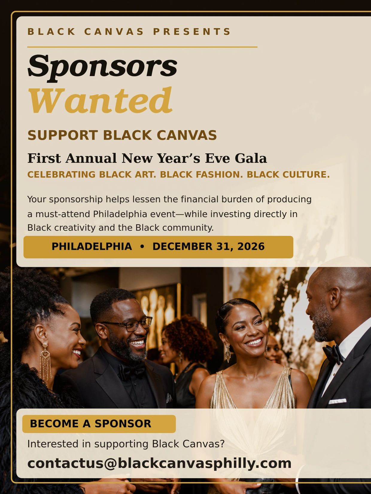 Sponsors wanted for Black Canvas New Year's Eve Gala in Philadelphia.