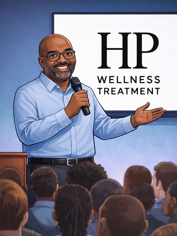 A man with glasses speaks at a wellness treatment seminar.