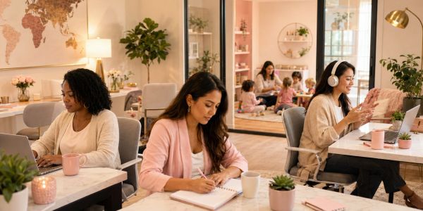 Women working and studying in a cozy office space.