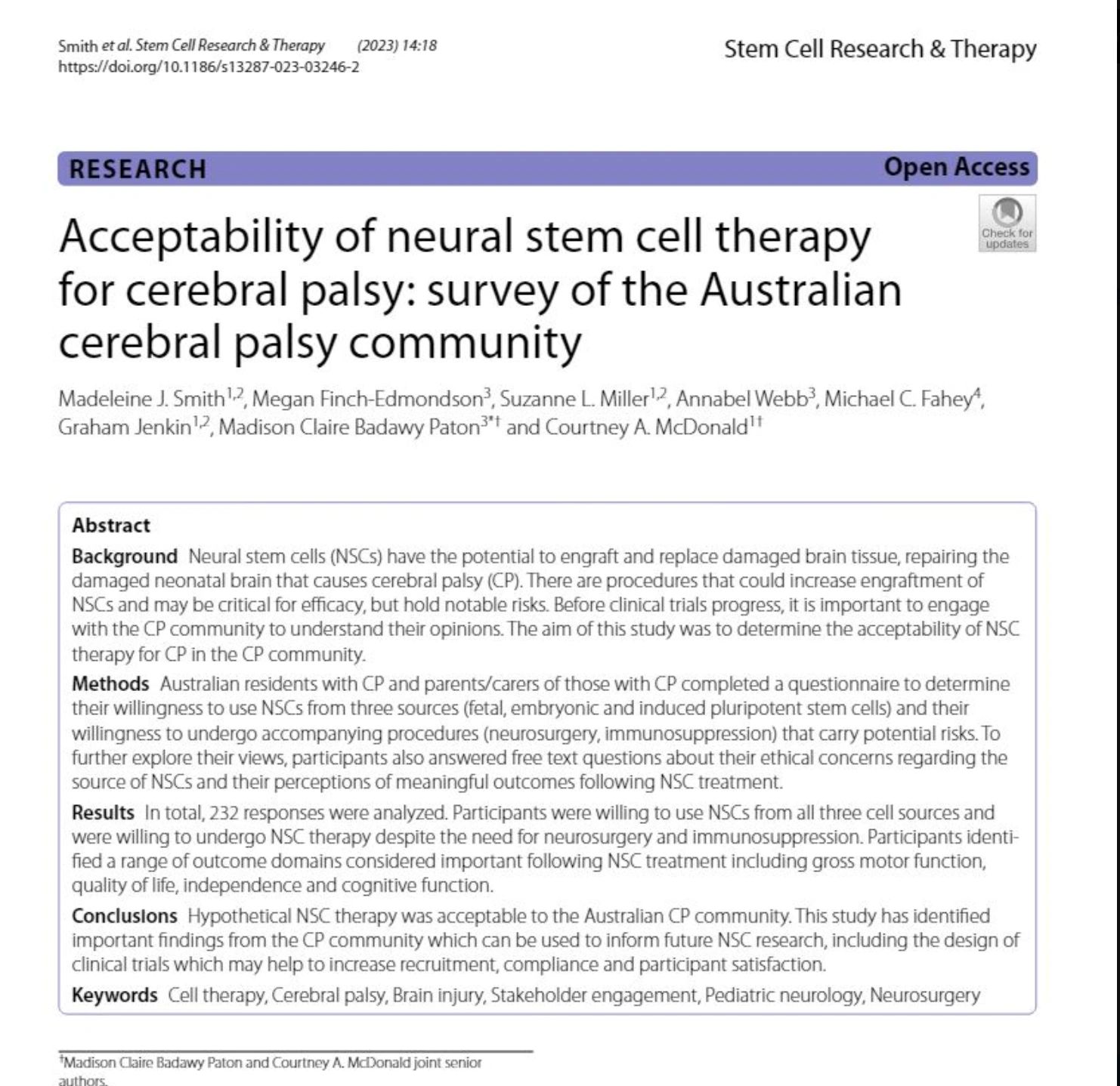 Acceptability of neural stem cell therapy for cerebral palsy: survey of the Australian cerebral pals