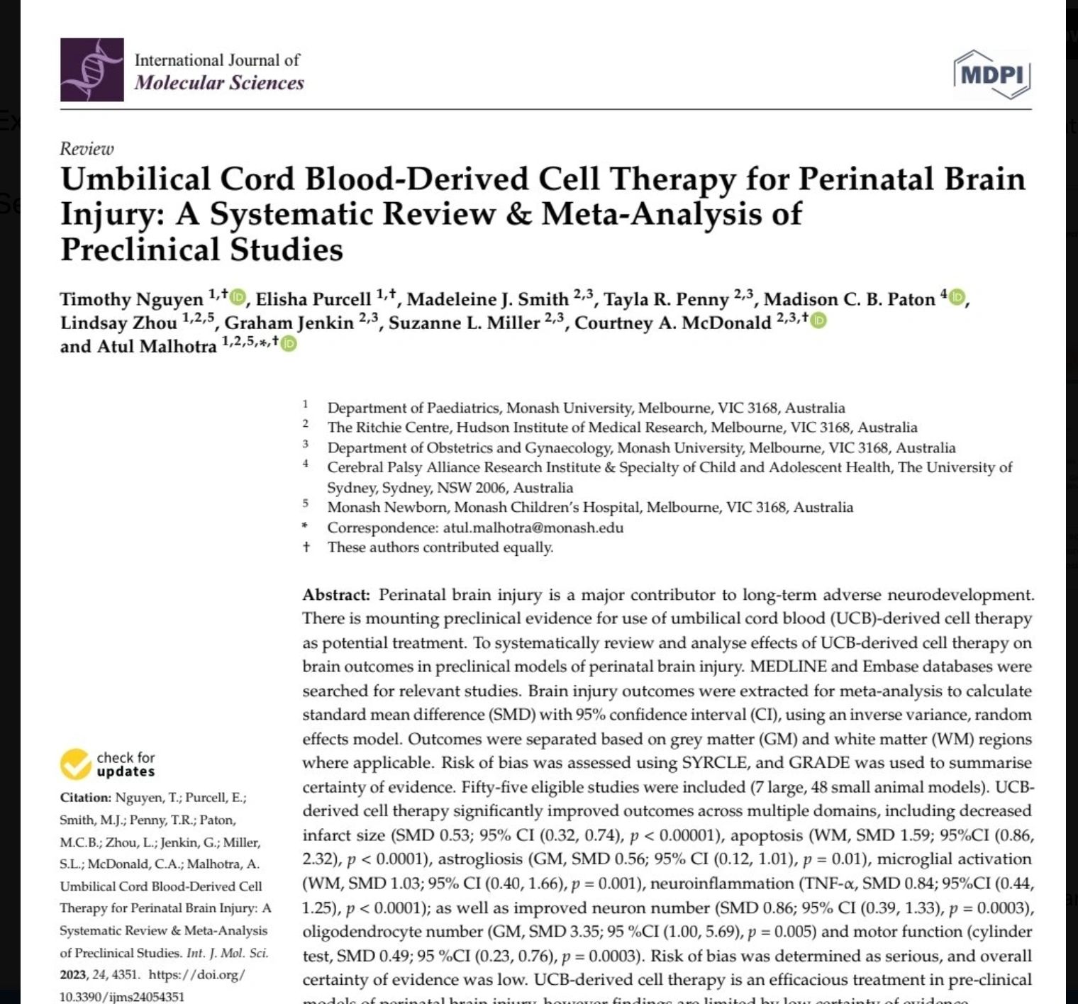 Umbilical Cord Blood-Derived Cell Therapy for Perinatal Brain Injury: A Systematic Review & Meta-Ana