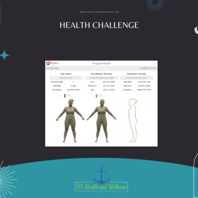 Health challenge progress report with body measurements and images.