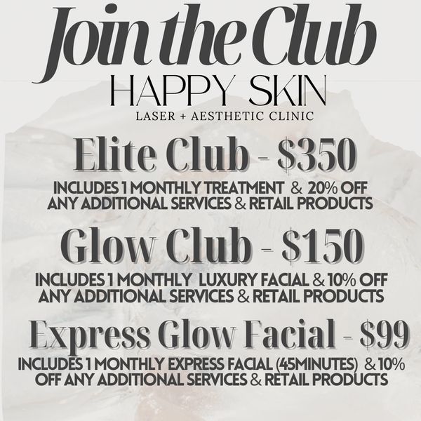Promotional flyer for Happy Skin Laser + Aesthetic Clinic's membership and facial offers.