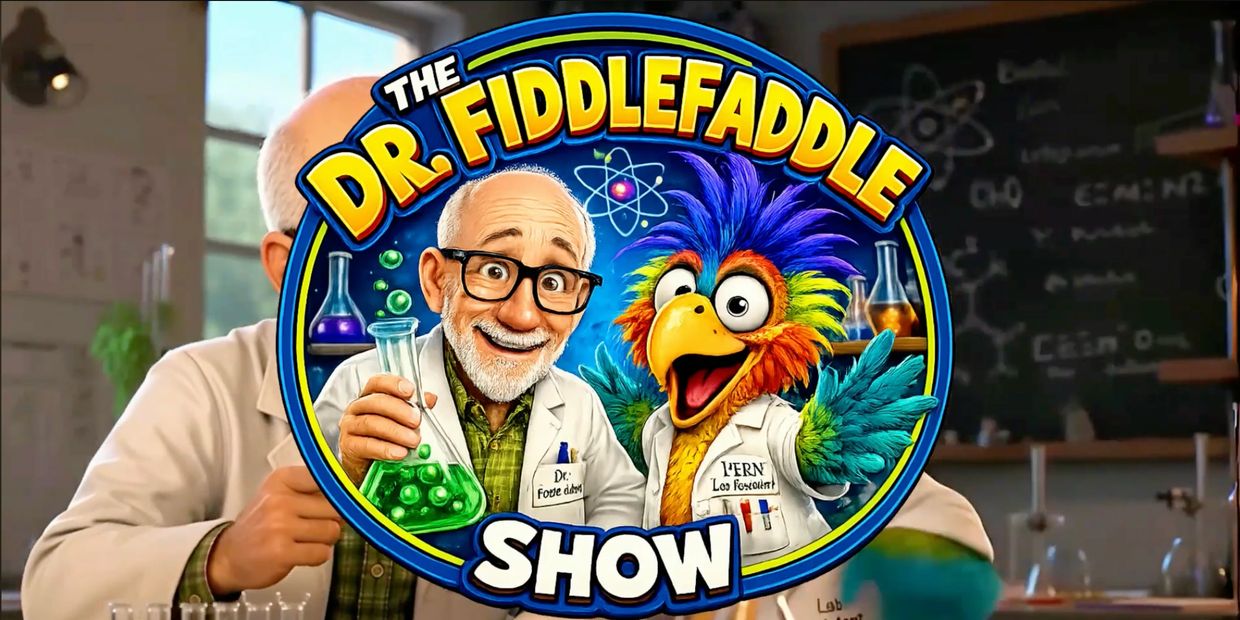 Promotional image for The Dr. Fiddlefaddle Show with a scientist and colorful bird.