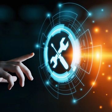 Hand reaching towards a futuristic digital tool icon with wrench and screwdriver.