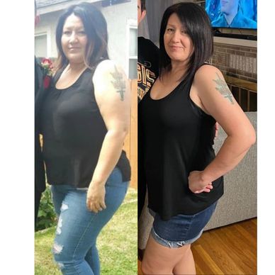 Side-by-side comparison showing a woman's weight loss transformation.