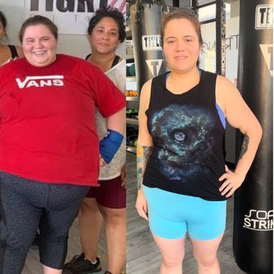 Side-by-side weight loss transformation of a smiling woman in workout clothes.