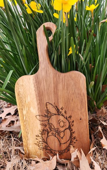 Bunny Charcuterie engraved on Tuckahoe Hardwood board