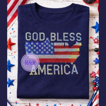 Navy blue T-shirt with 'God Bless America' and a flag design.
