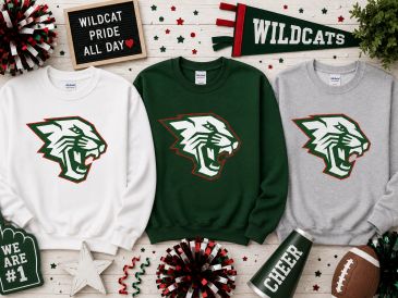 Three Wildcats sweatshirts in white, green, and gray.
