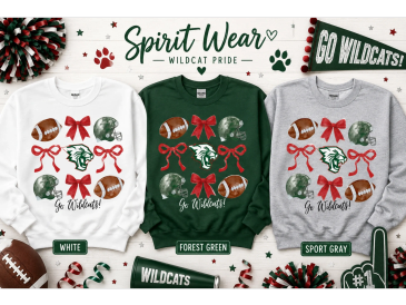 Wildcat spirit wear sweatshirts in white, forest green, and sport gray.