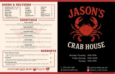 Jason's Crab House menu featuring beers, cocktails, desserts, and hours of operation.