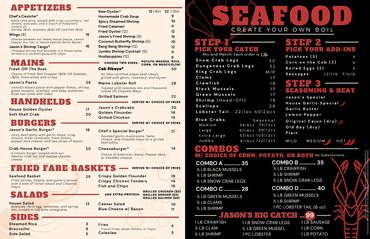 Seafood boil menu with appetizers, mains, burgers, combos, and seasoning options.