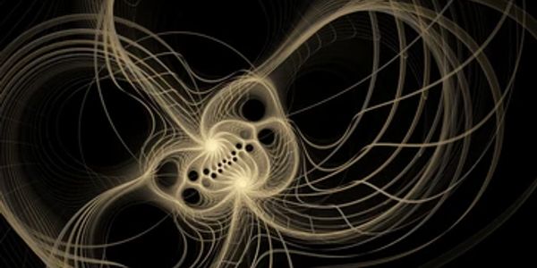 Abstract fractal art with glowing, interconnected loops and lines on a dark background.