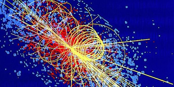 Colorful particle collision data visualization from a physics experiment.