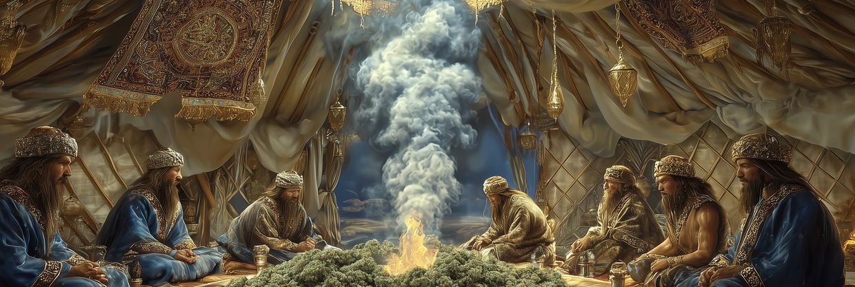 Medieval men in royal attire seated around a fire inside a tent.