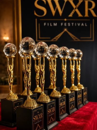 Golden trophies with crystal globes for SWXR Film Festival lined up.