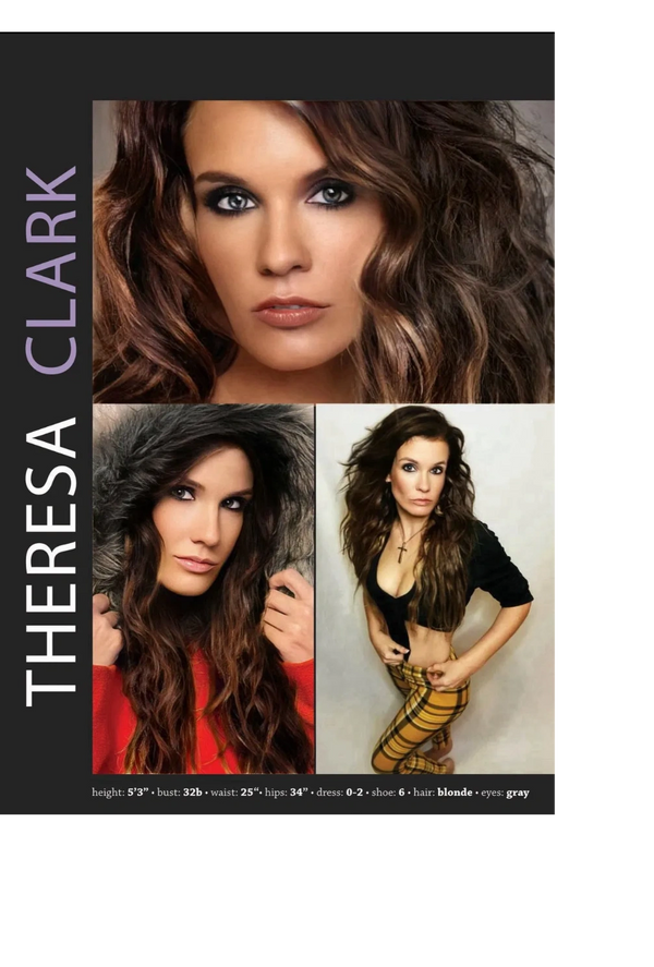 Comp Card of Theresa Clark with detailed modeling stats and varied poses.