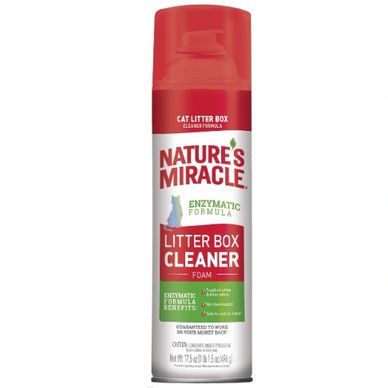 Nature's Miracle Litter Box Cleaner in a red and white metal bottle, placed on a white background.