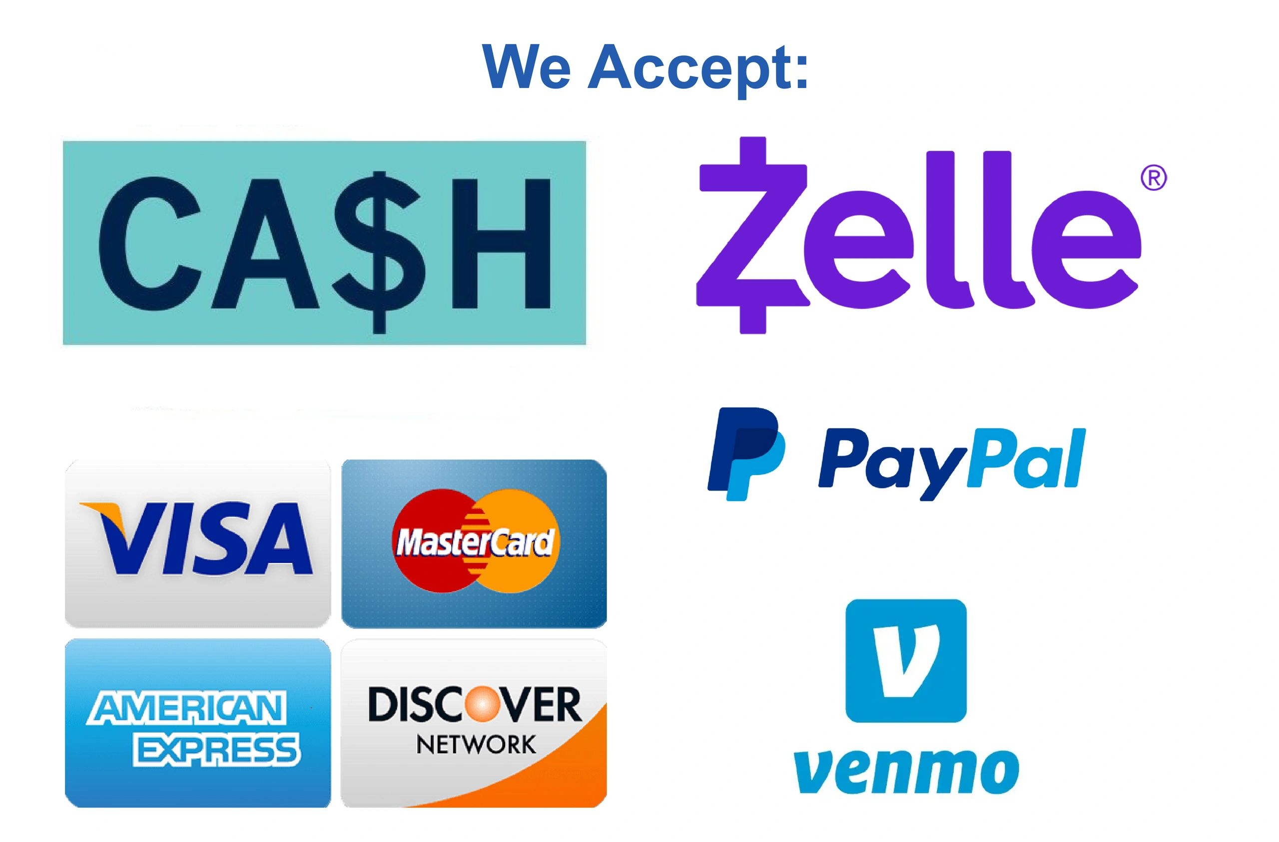 Image showing various payment methods, including Zelle, Cash, Venmo, PayPal, and Credit card options