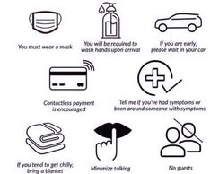 COVID-19 safety instructions with icons for mask, handwashing, and social distancing.