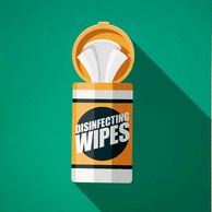 A container of disinfecting wipes with an open lid and a wipe pulled out.
