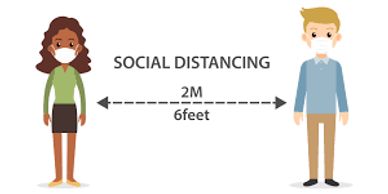 Illustration showing social distancing of 2 meters (6 feet) with masked individuals.
