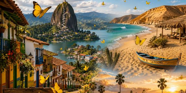 Vibrant collage of a coastal town, beach, and mountain with butterflies.
