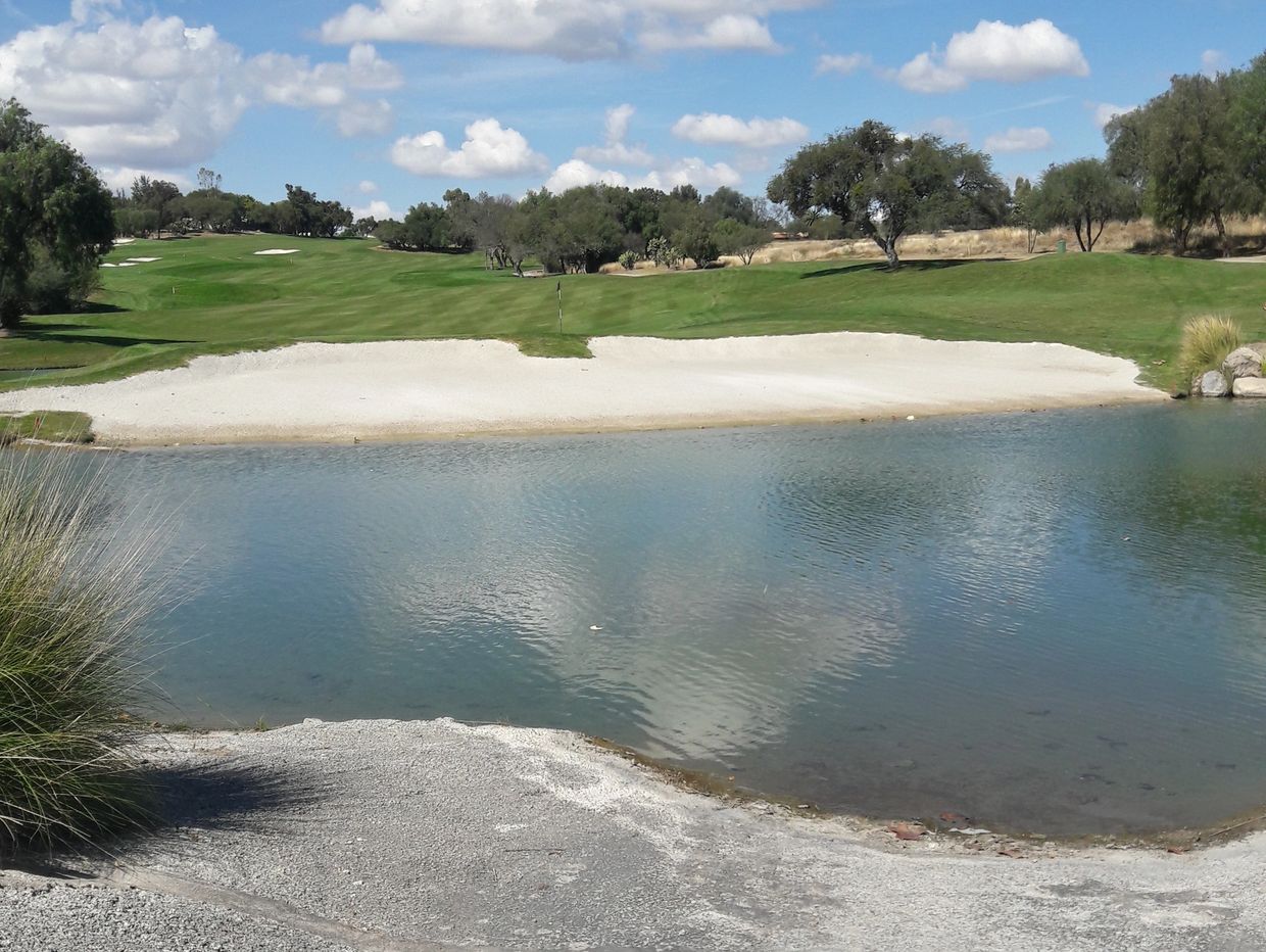 A serene golf course with a water hazard and sand bunker under a blue sky.