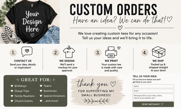 Custom orders for personalized tees with design, print, and shipping services.
