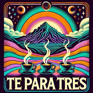 Vibrant psychedelic art with three steaming tea cups and a mountain under celestial phases.
