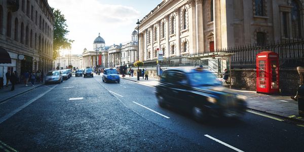 A busy London street with a taxi