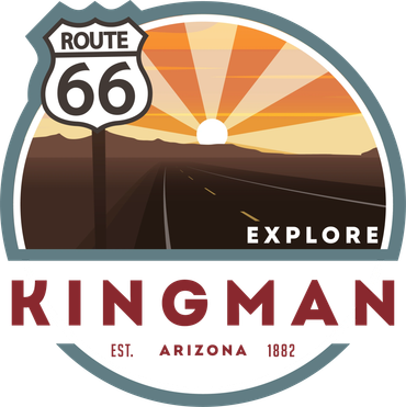 Logo of Kingman, Arizona on Route 66 with a sunset background.