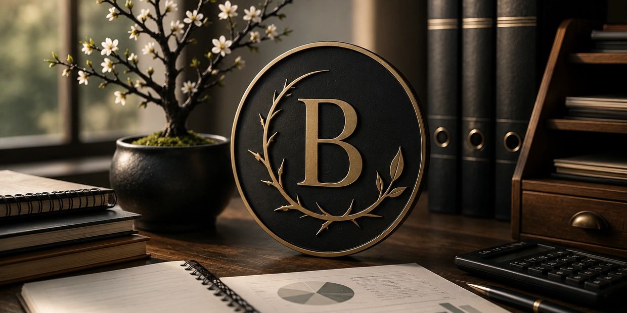 Elegant desk setup with a decorative letter B plaque.