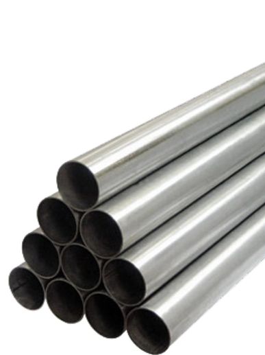 Stack of shiny metal pipes arranged in a pyramid shape.