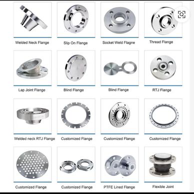 Various types of metal flanges and joints used in piping systems.
