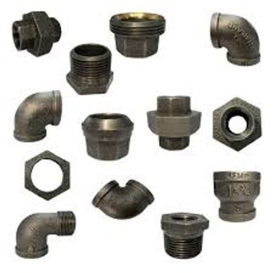 Various black metal pipe fittings arranged on a white background.