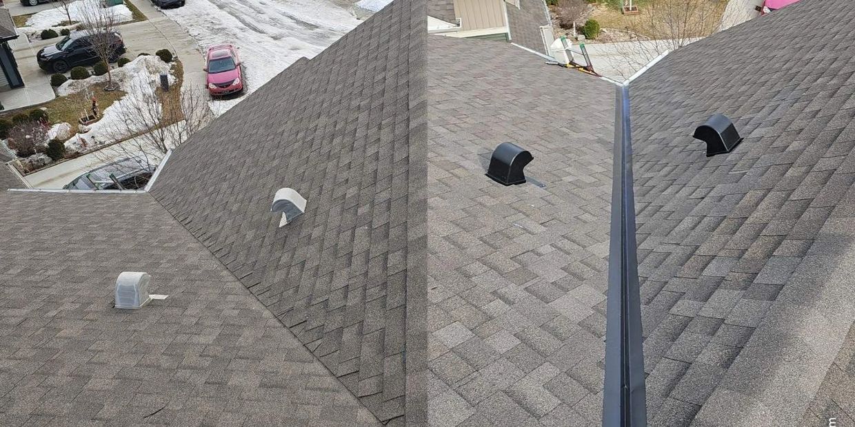 A before and after of a metal valley installed on a residential roof in Edmonton, Alberta, Canada.