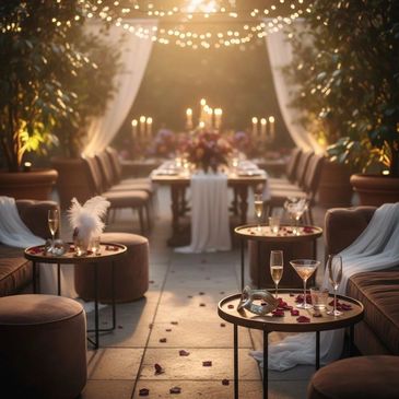 Elegant outdoor dining setup with candles and string lights.