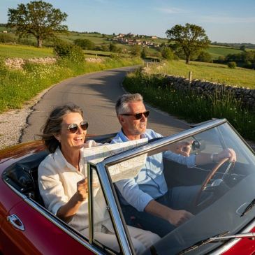 Couple enjoying a sunny drive in a vintage convertible car.