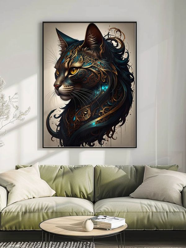 Framed artistic cat portrait with intricate designs above sofa.