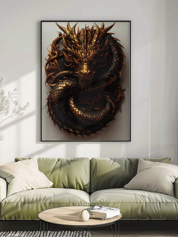 Bronze dragon artwork above a green couch.
