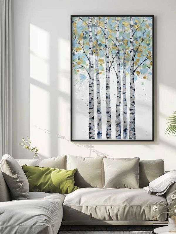Cozy living room with birch tree painting.